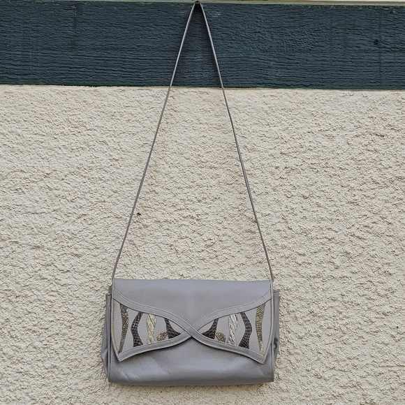 Stuart Weitzman vintage 80s gray leather shoulder bag with exotic detail - Picture 2 of 13